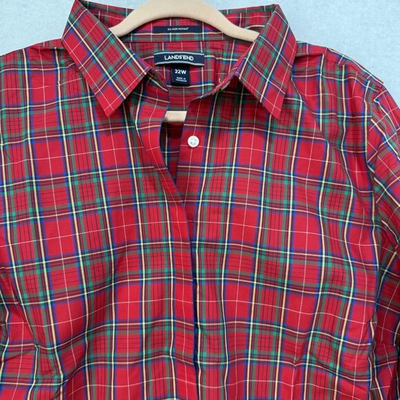 Lands' End Shirt Womens 22W Red Tartan Plaid No Iron Supima Cotton Long Sleeve - Picture 9 of 15